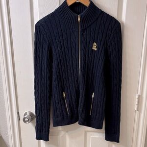NOT FOR SALE Navy Preppy Ribbed Mockneck Cable Knit Zip-Up Sweater